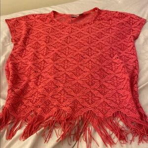 Chico's Pink Crew Neck Lace Top with Fringe